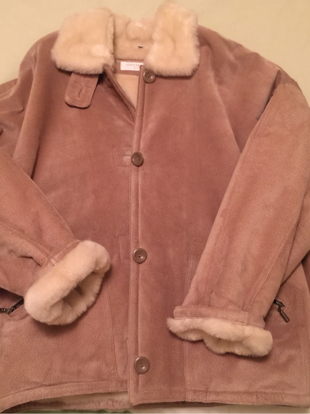 Jones New York Taupe Suede Coat with Cream Shearling Trim